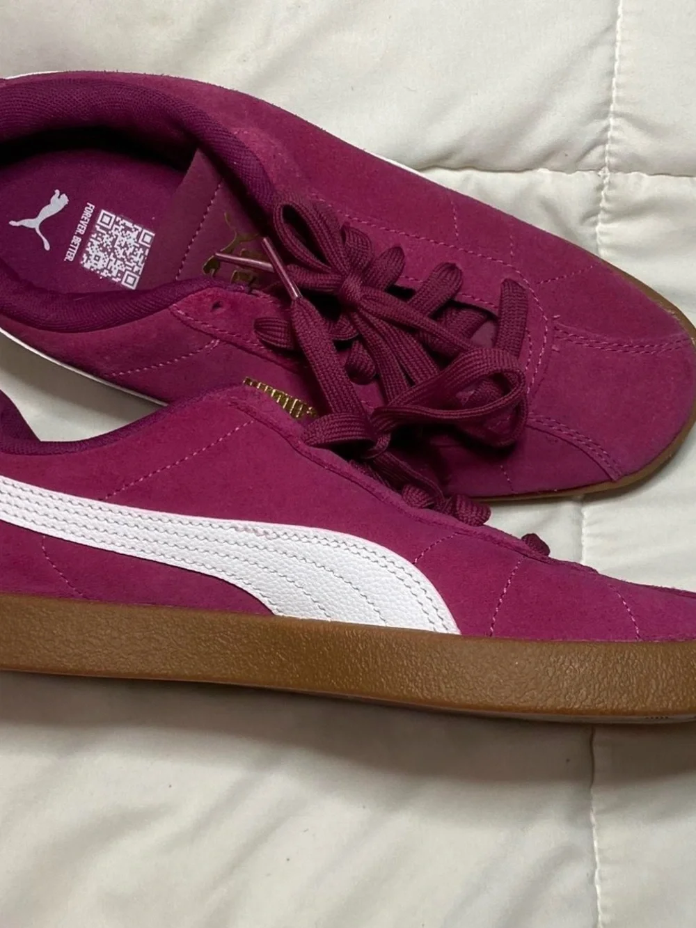 Puma Women's Suede Sneakers in Berry Pink with Gold Logo